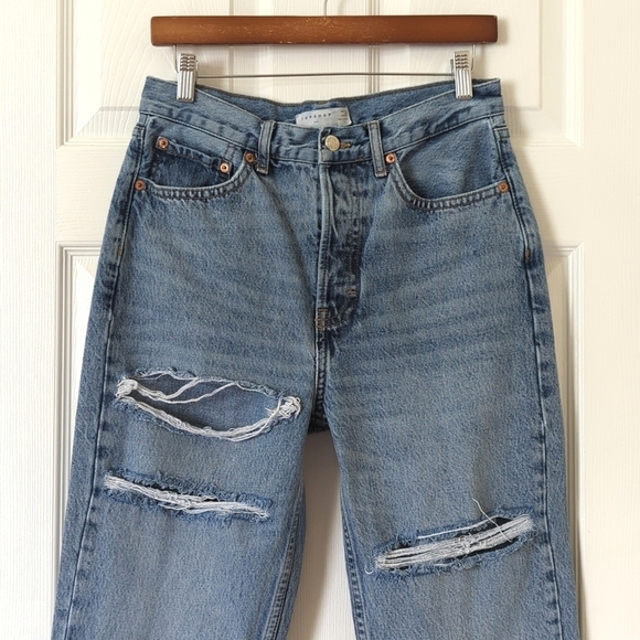 Topshop Distressed Medium Wash High Rise Straight Leg Button Fly Dad Jeans 28 - Picture 2 of 14